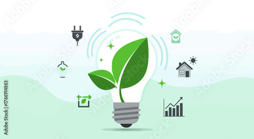 Vector Illustration of Environmentally Friendly Green Leaf Inside Light Bulb in Modern Eco Design Style with Green and Gray Colors for Sustainability Concepts