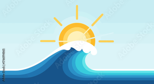 Minimalist Vector Illustration of Sun Rising Over Ocean Waves in Bright Colors