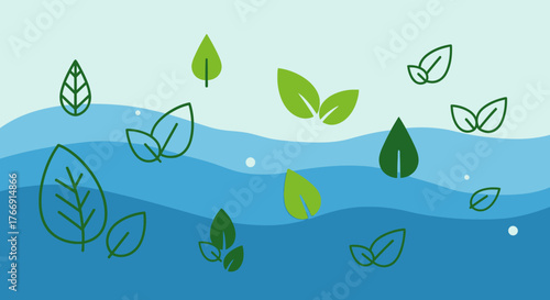 Minimalist Vector Background with Water Waves and Leaf Elements in Green and Blue Tones