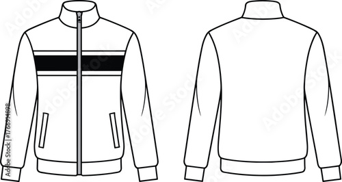 Technical zip-up jacket sketch, high collar, ribbed cuffs and hem, stripe chest detail, fashion flat, garment design, apparel illustration
