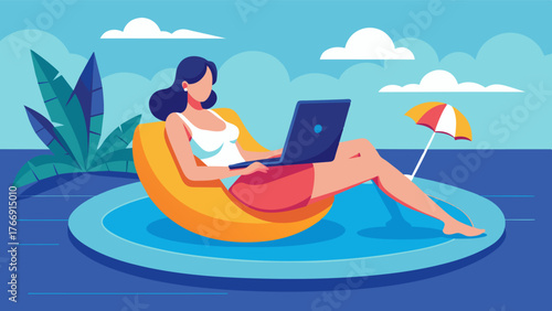 A woman works on her laptop while lounging on a luxurious pool float balancing work and relaxation perfectly.. Vector illustration