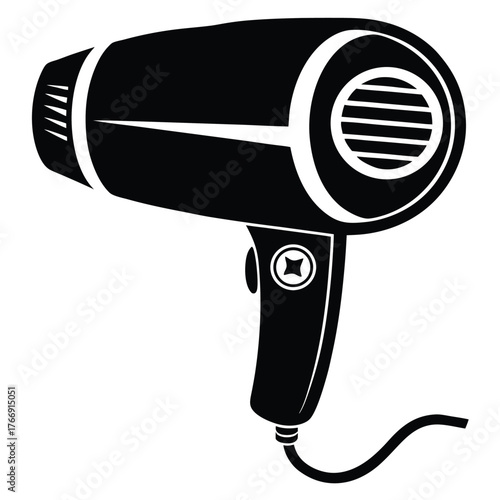 A simple black hair dryer with a power cable is shown