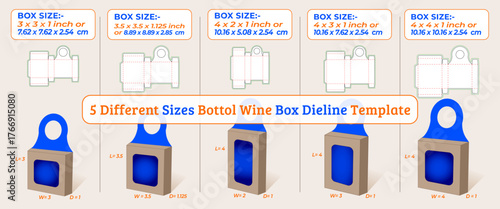 Vector art of five different sizes of bottle wine box dieline templates with dimensions and cut lines for packaging design, showcasing a variety of options for creating custom wine boxes