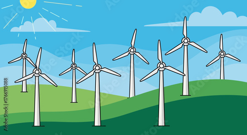 Vector Illustration of Wind Turbines on Green Hills in Modern Style with Bright Blue Sky and Sun