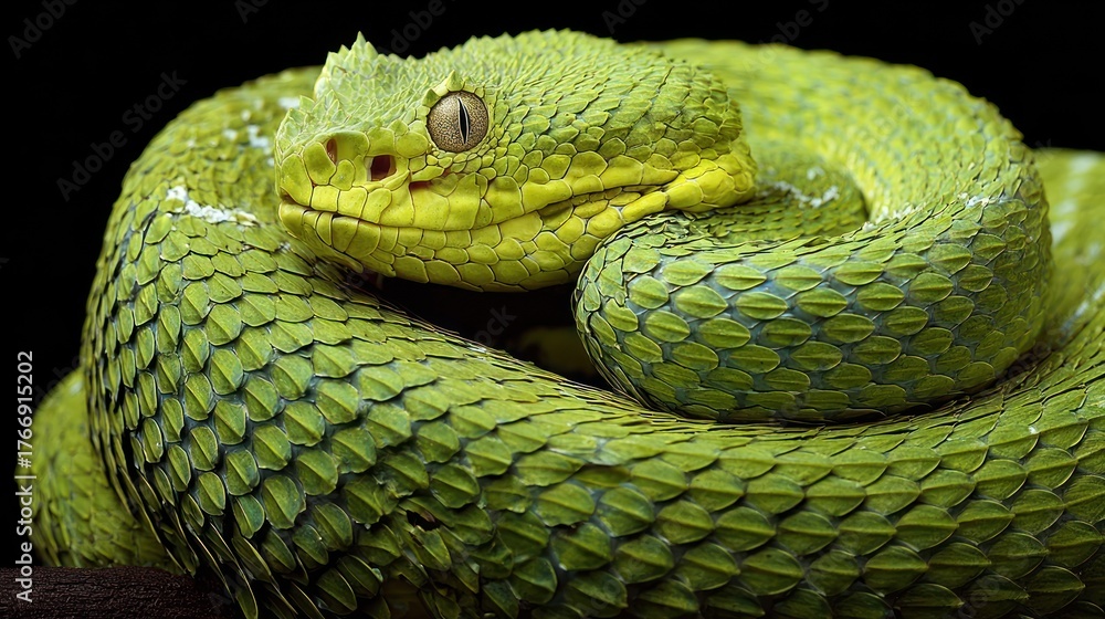 Fototapeta premium Vivid Green Rough-Scaled Bush Viper Coiled, Unique Keeled Scales & Golden Eye Staring Intently on Black