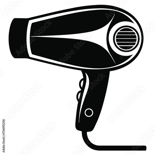 Black hair dryer icon displays classic styling with simple, clean lines on a white background