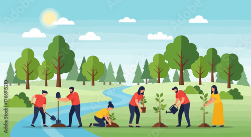 Vector Illustration of People Planting Trees in a Natural Landscape in Modern Flat Style with Green and Blue Colors