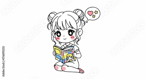 A cartoon girl with pigtails and rosy cheeks reads a colorful book while sitting on the floor with a heart-shaped thought bubble.