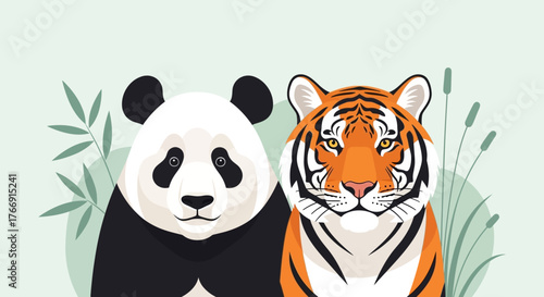 Vector Illustration of Panda and Tiger Faces in Modern Organic Style with Green Foliage Elements
