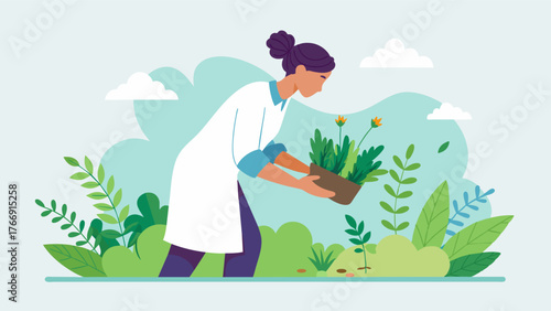 A staff member is seen plucking fresh herbs from the resorts garden which are used by the spa for natural treatments and aromatherapy.. Vector illustration