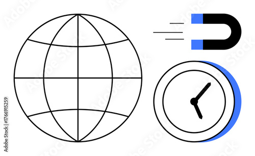 Globe symbolizing worldwide reach, magnet representing attraction, and clock for time management. Ideal for globalization, marketing, organization, efficiency, innovation, planning modernity