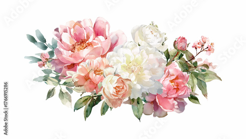 Watercolor floral arrangement with pink, white, and peach peonies and greenery