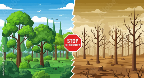 Vector Illustration of Deforestation Impact with Contrasting Forest and Dead Tree Scene in Modern Style