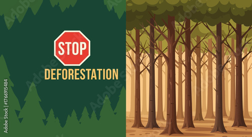 Vector Illustration for Deforestation Awareness with Forest Trees and Stop Deforestation Sign in Modern Style