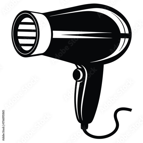 Stylized black and white features a modern hair dryer with a curly cord