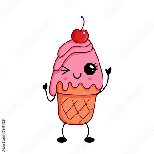 Cute pink ice cream with cherry on top and winking face in kawaii cartoon style. Perfect for dessert, summer, and children s design projects.