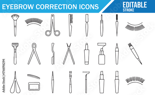 Minimalist editable stroke vector icons of beauty salon tools for eyebrow design