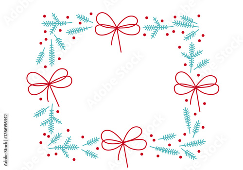 Christmas frame of fir and pine branches with bow