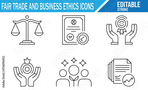 Fair trade principles and eco-friendly business practices vector icon set