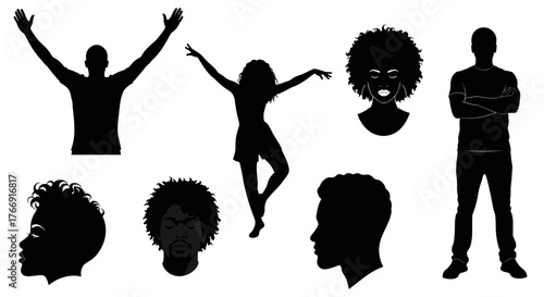 Diverse silhouettes of African American people expressing joy and confidence