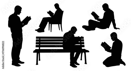 Readers in Silhouette: Diverse people lost in books, reading for knowledge and pleasure