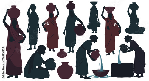 Silhouette art featuring women carrying water pots, a cultural narrative of labor