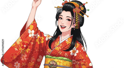 A woman in a traditional Japanese kimono with floral patterns dancing with her arm raised in a vibrant, colorful setting.