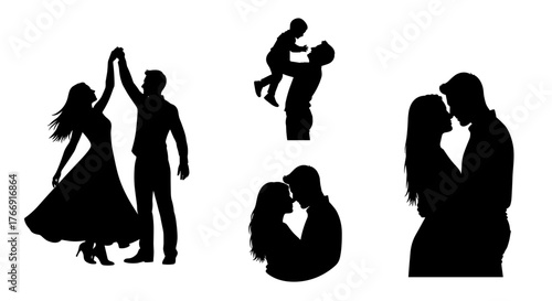 Joyful family moments loving couples dancing embracing holding child aloft
