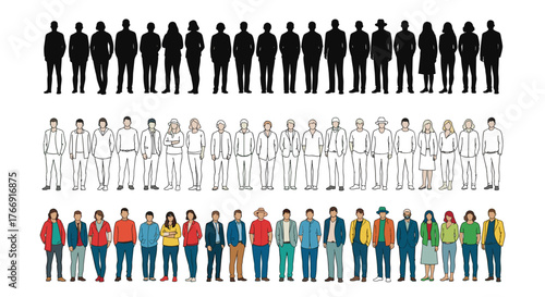 Diverse crowd silhouettes, line art, and colorful figures showcase human variety