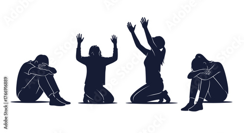 People expressing deep emotion, from despair to hopeful prayer