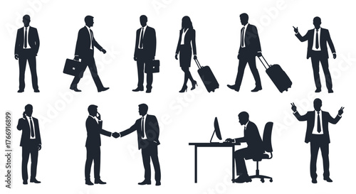 Diverse business professionals in dynamic poses for corporate success and strategy