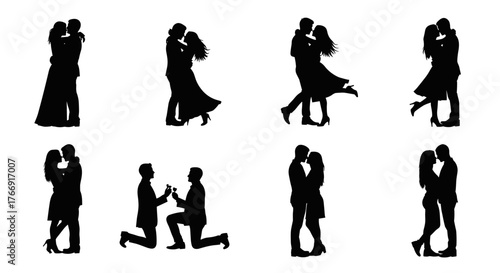 Diverse couple silhouettes capture romantic moments, proposals, and embraces.