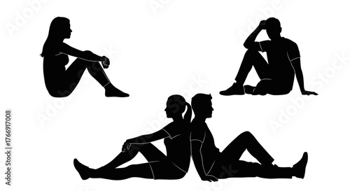 Diverse silhouettes of people in thoughtful poses conveying connection and solitude