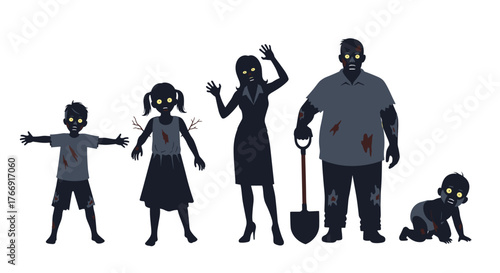 Spooky zombie family poses for Halloween party or horror theme