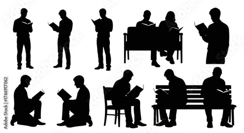 Diverse group reading books silhouettes, vector illustrations for education resources