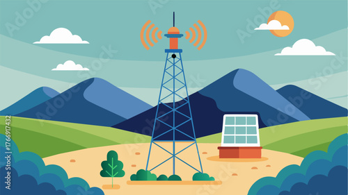 A solarpowered internet tower is installed in a remote area providing a reliable and sustainable connectivity option for the community.. Vector illustration