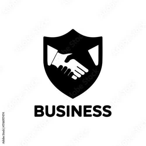 Shield symbol with shaking hands and business text representing trust and partnership isolated on transparent background