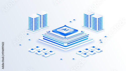 Artificial intelligence central ai processor isometric vector illustration. AI server center technology. concept of data transfer and machine learning.