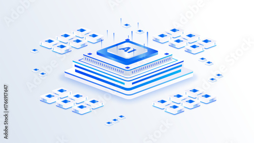 AI central processor isometric vector illustration. central AI processor database concept.