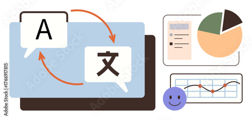 Arrows between speech bubbles signify language translation. Includes pie chart, line graph, and document for analytics and communication. Ideal for global business, technology, education, data