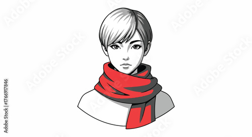Illustration of a woman with short hair wearing a red and black scarf against a white background.