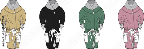Set of colorful fashion flat sketches of a cozy women's robe with a large collar and tie belt. Vector apparel design templates for outerwear