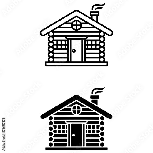 Rustic log cabin icon set simple wood house symbols for outdoor living isolated on transparent background