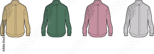 Collection of four plain long-sleeved collared shirts in different colors, presented on a white background