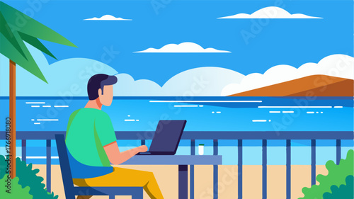 A web developer codes from a seaside veranda enjoying the refreshing sea breeze and panoramic ocean views.. Vector illustration