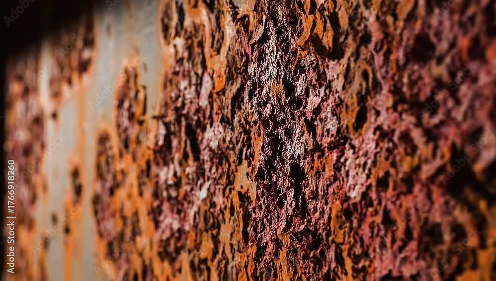 Dynamic close-up texture of weathered metal showing intricate rust patterns and decay, hinting at industrial history and natural transformation
