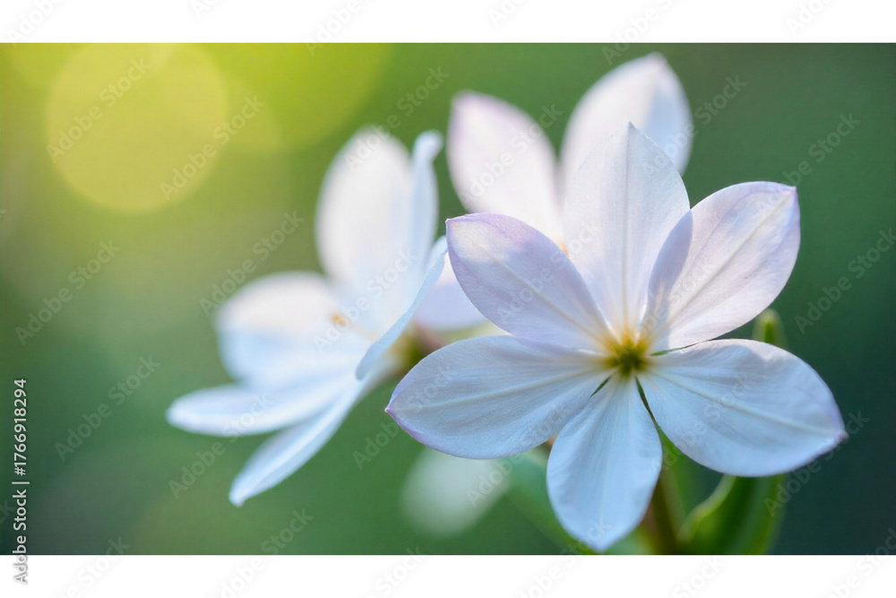 Naklejka premium delicate white flowers with pointed petals, set against a softly blurred green background. 