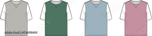 Apparel Design Vector Illustrations of Stylish T-Shirts with V-Neck Vest Designs in Various Colors