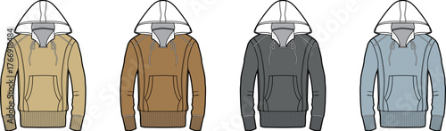 Vector collection of men's pullover hoodie sweatshirts in multiple colors. Apparel fashion design template with technical flat sketches for clothing mockups