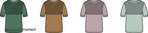Collection of long-sleeved hooded dresses in four different colors green, brown, purple, and light pink